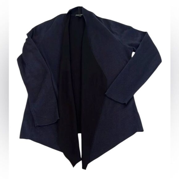 Eileen Fisher szM blue outside black inside open draped front cardigan EUC - Picture 1 of 11